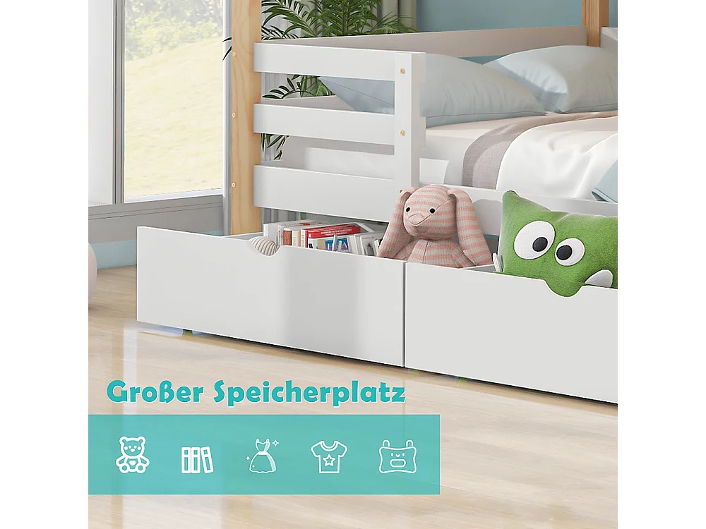 Lit superposé Lit cabane 90x200 cm lit d'enfant en forme de maison grands tiroirs pin Naturel