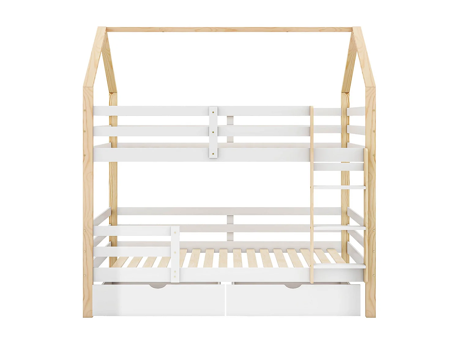 Lit superposé Lit cabane 90x200 cm lit d'enfant en forme de maison grands tiroirs pin Naturel