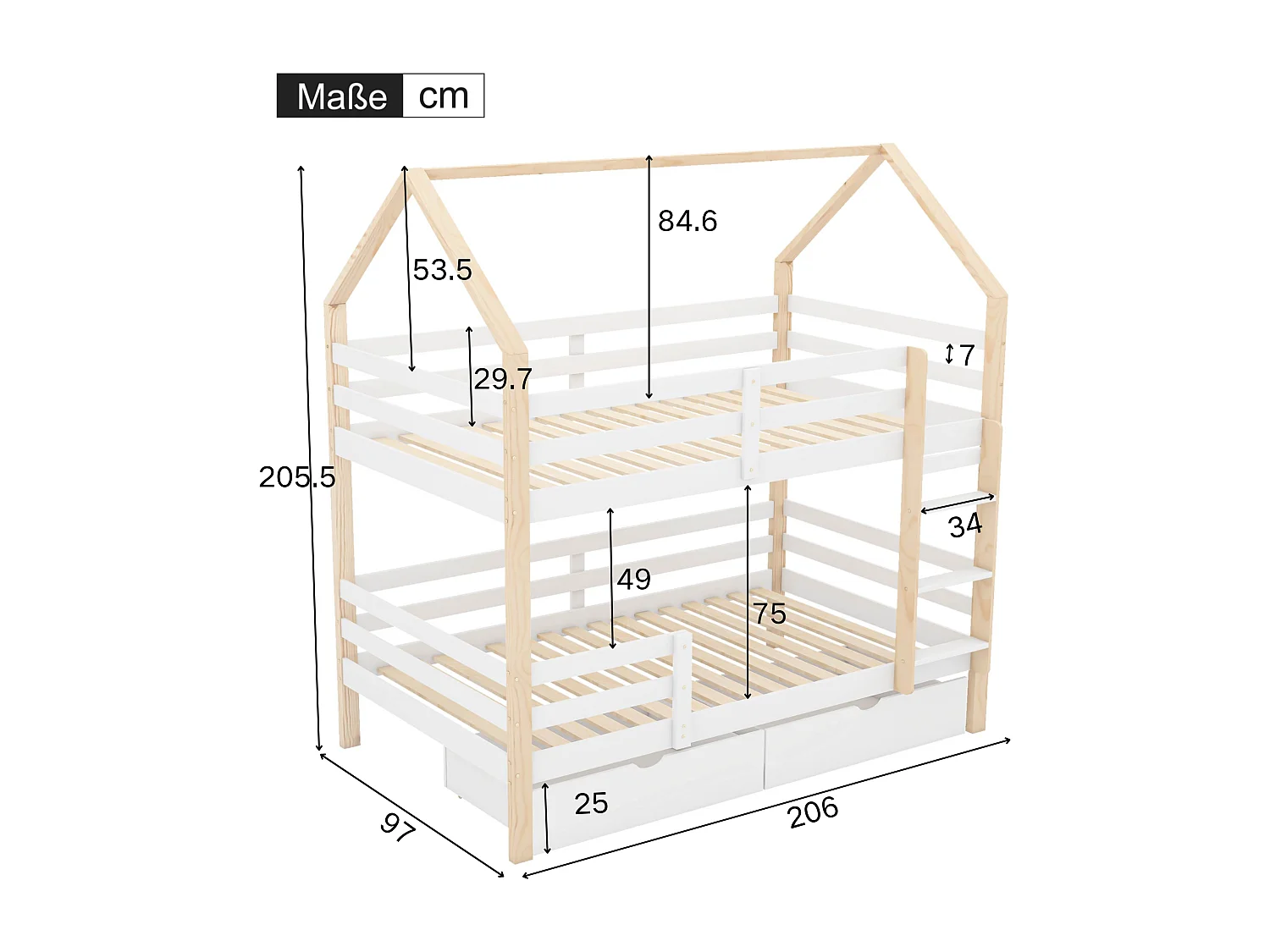 Lit superposé Lit cabane 90x200 cm lit d'enfant en forme de maison grands tiroirs pin Naturel