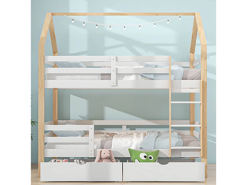 Lit superposé Lit cabane 90x200 cm lit d'enfant en forme de maison grands tiroirs pin Naturel