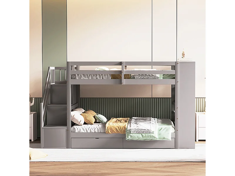Lit superposé 90 x 200 cm avec escalier de sécurité et rangement tiroirs grands casiers clôture haute sommier à lattes en Pin Gris