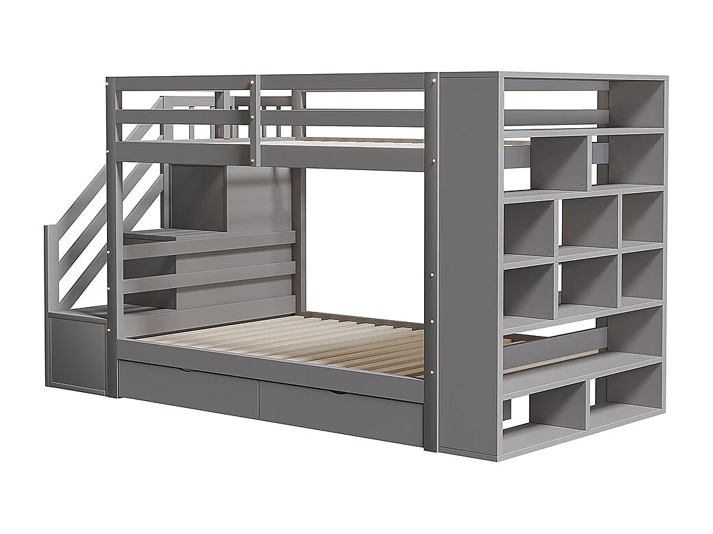 Lit superposé 90 x 200 cm avec escalier de sécurité et rangement tiroirs grands casiers clôture haute sommier à lattes en Pin Gris