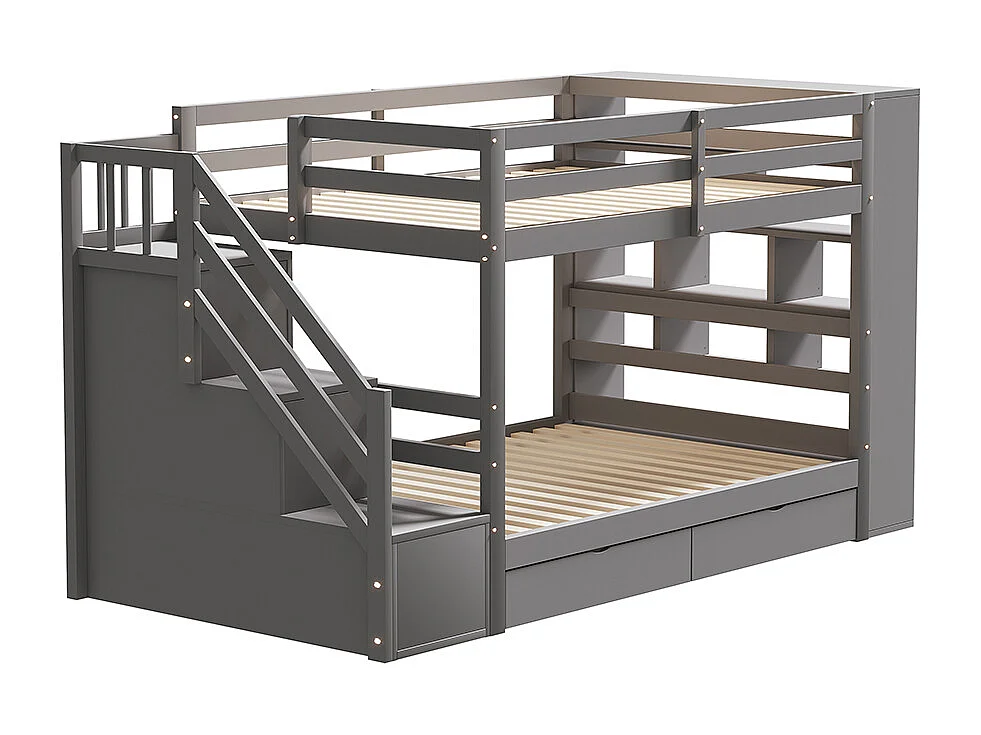 Lit superposé 90 x 200 cm avec escalier de sécurité et rangement tiroirs grands casiers clôture haute sommier à lattes en Pin Gris