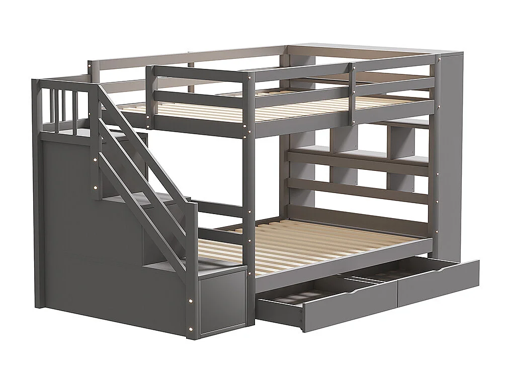 Lit superposé 90 x 200 cm avec escalier de sécurité et rangement tiroirs grands casiers clôture haute sommier à lattes en Pin Gris