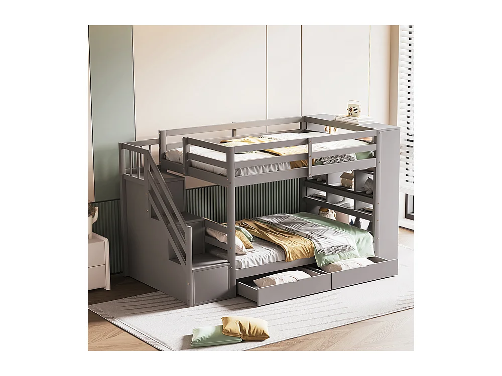 Lit superposé 90 x 200 cm avec escalier de sécurité et rangement tiroirs grands casiers clôture haute sommier à lattes en Pin Gris