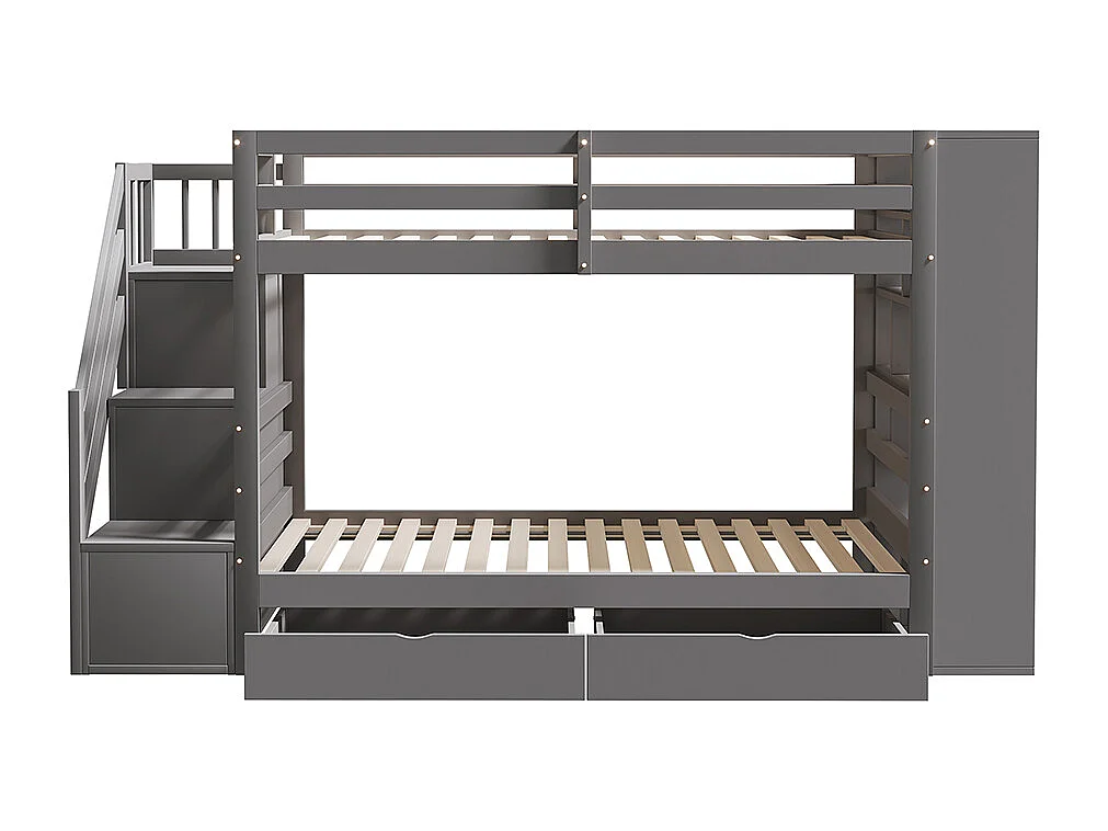 Lit superposé 90 x 200 cm avec escalier de sécurité et rangement tiroirs grands casiers clôture haute sommier à lattes en Pin Gris