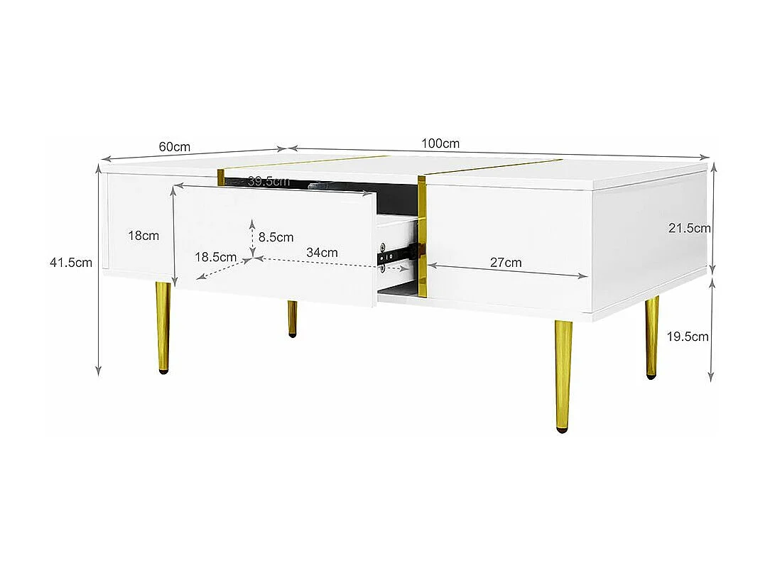 Table basse brillante moderne sobre avec 2 tiroirs Blanc