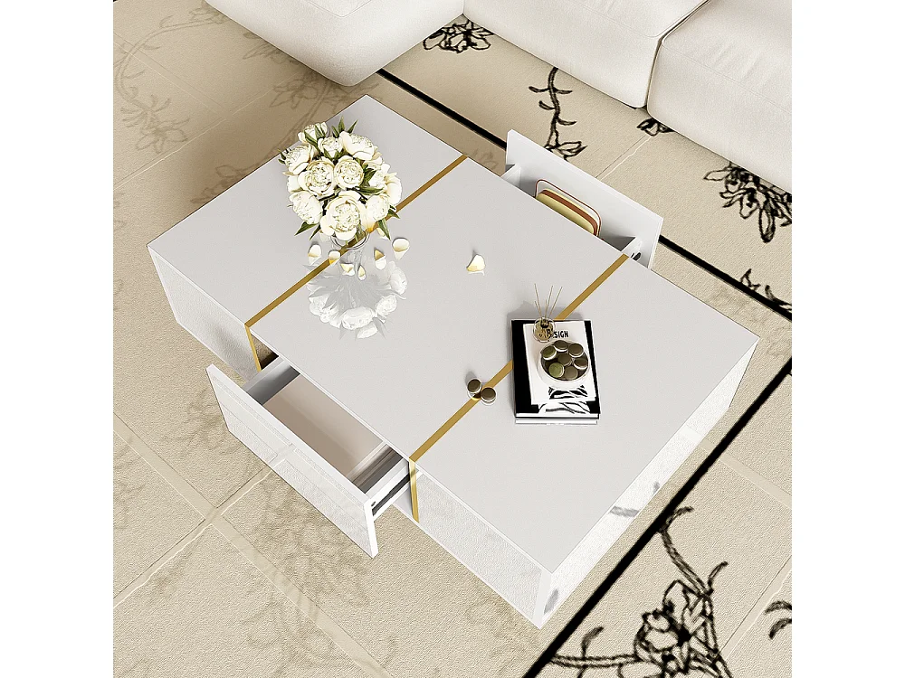 Table basse brillante moderne sobre avec 2 tiroirs Blanc