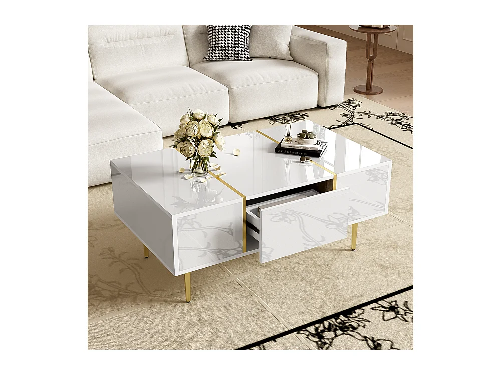 Table basse brillante moderne sobre avec 2 tiroirs Blanc