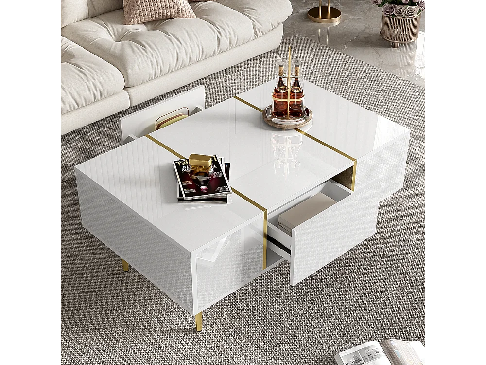 Table basse brillante moderne sobre avec 2 tiroirs Blanc