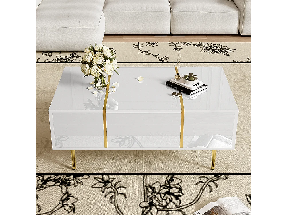 Table basse brillante moderne sobre avec 2 tiroirs Blanc