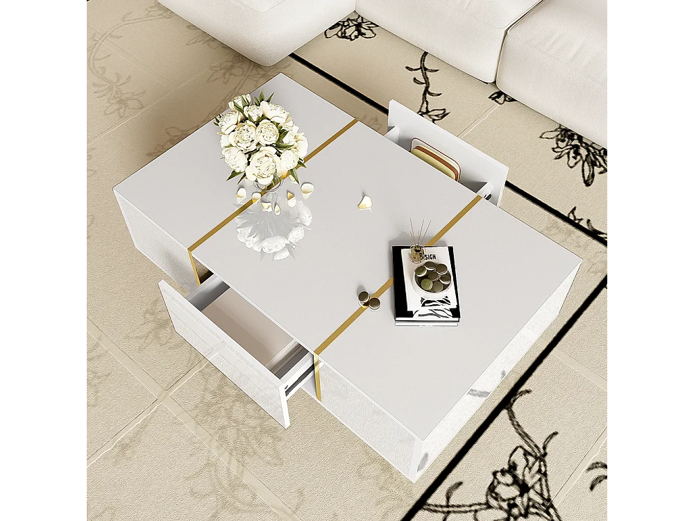 Table basse brillante moderne sobre avec 2 tiroirs Blanc