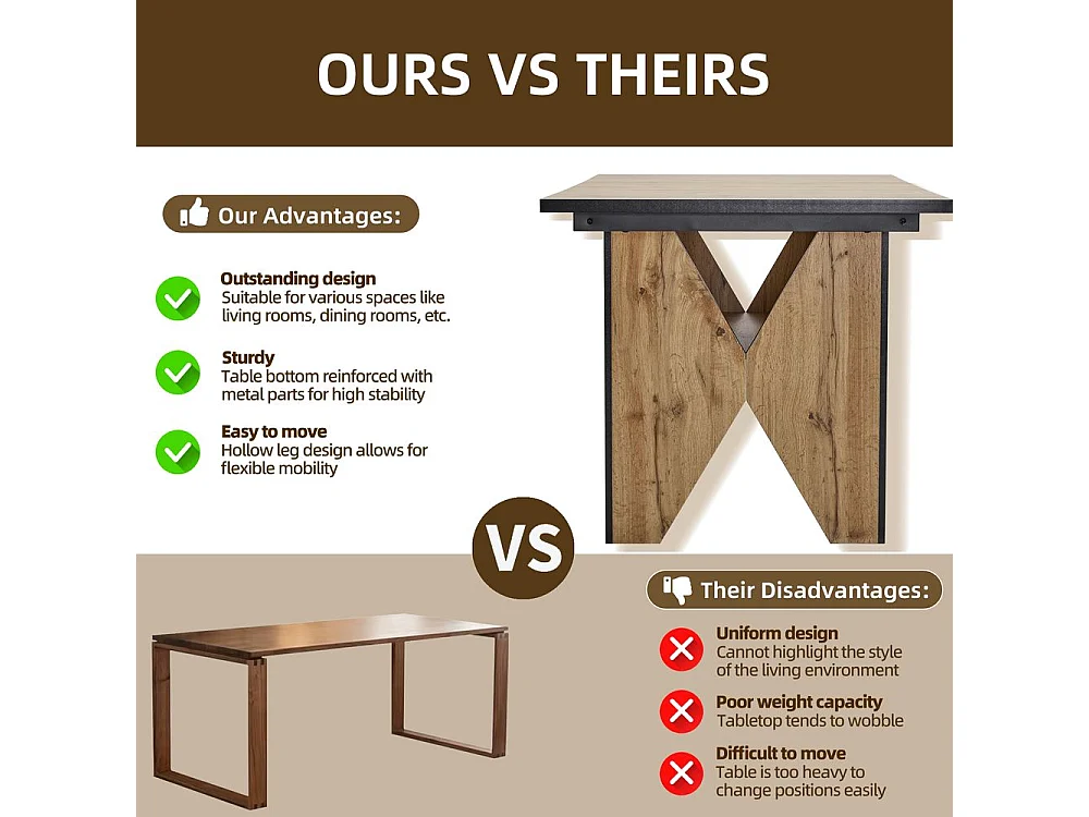 Table de salle à manger pour 4-6 personnes conception unique des pieds de table Table de cuisine moderne en bois Marron clair
