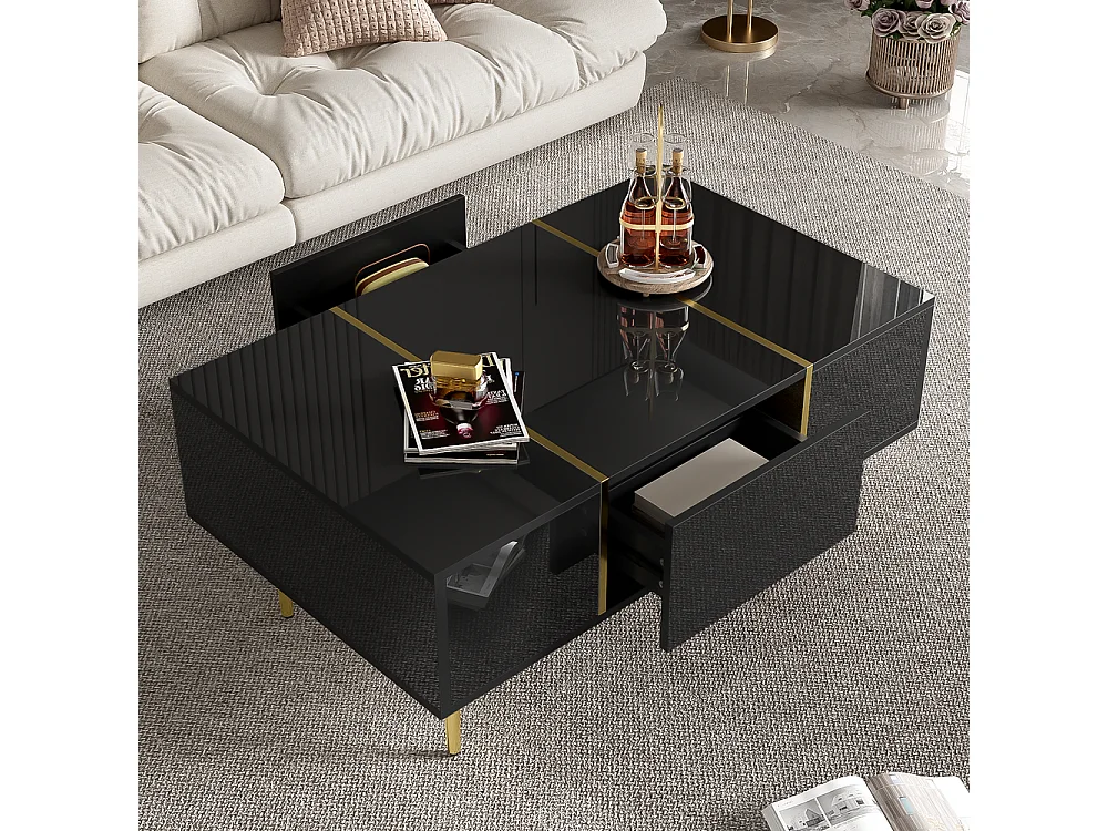 Table basse brillante moderne sobre avec 2 tiroirs Noir