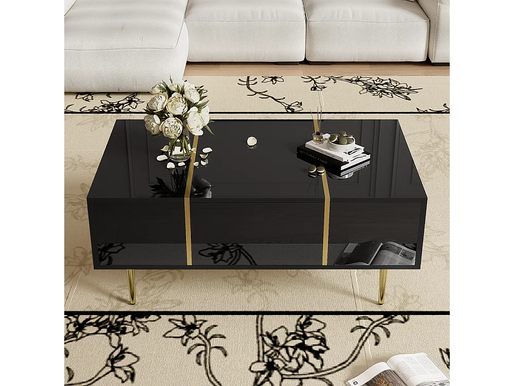 Table basse brillante moderne sobre avec 2 tiroirs Noir