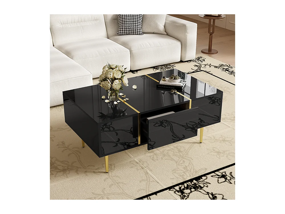 Table basse brillante moderne sobre avec 2 tiroirs Noir