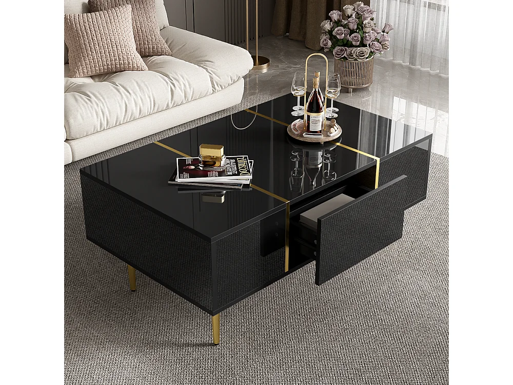 Table basse brillante moderne sobre avec 2 tiroirs Noir