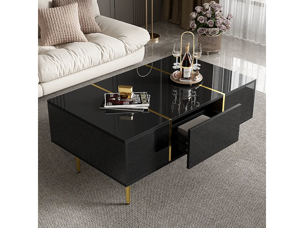 Table basse brillante moderne sobre avec 2 tiroirs Noir