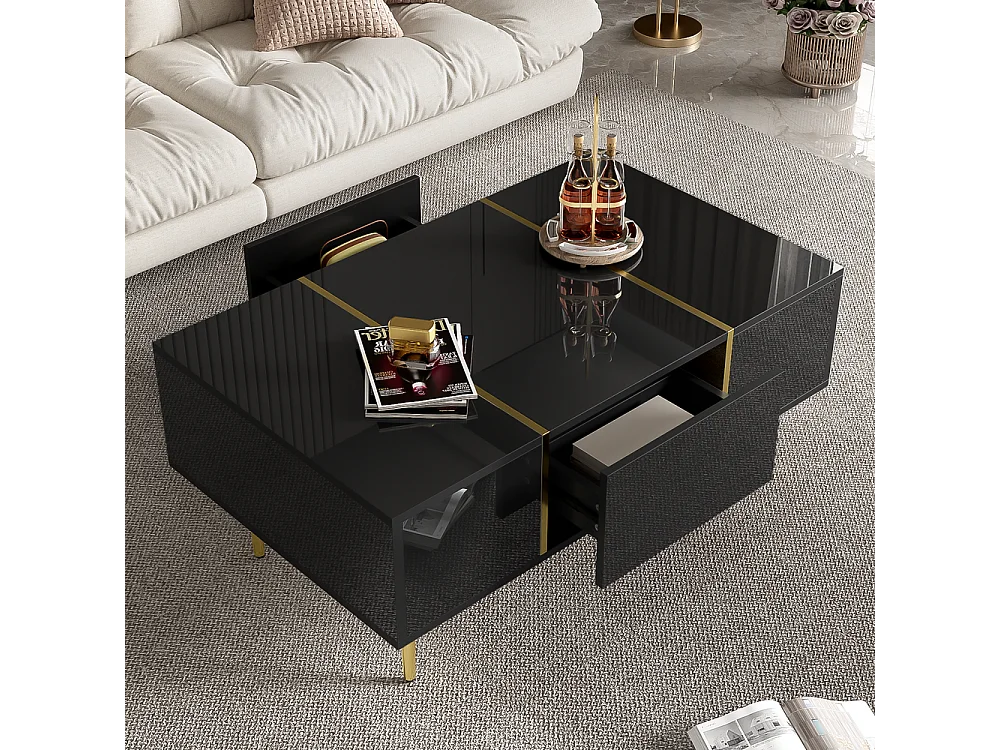 Table basse brillante moderne sobre avec 2 tiroirs Noir