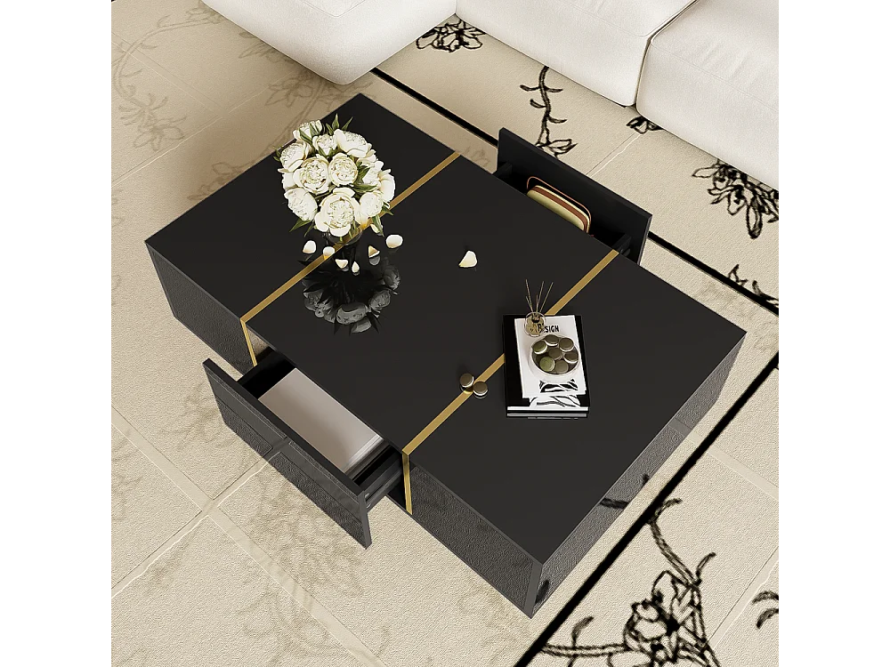 Table basse brillante moderne sobre avec 2 tiroirs Noir