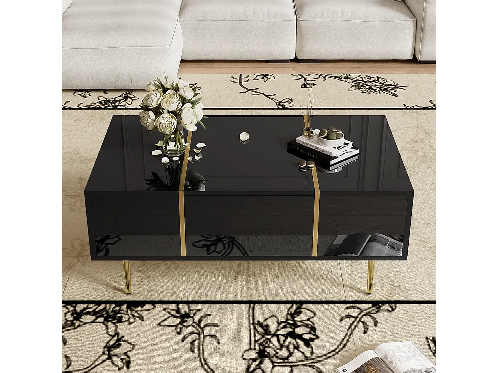 Table basse brillante moderne sobre avec 2 tiroirs Noir