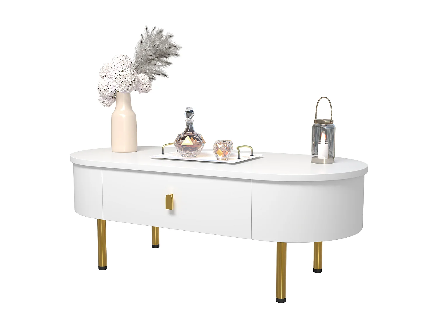 Table basse avec deux tiroirs poignées et pieds dorés coins incurvés Blanc