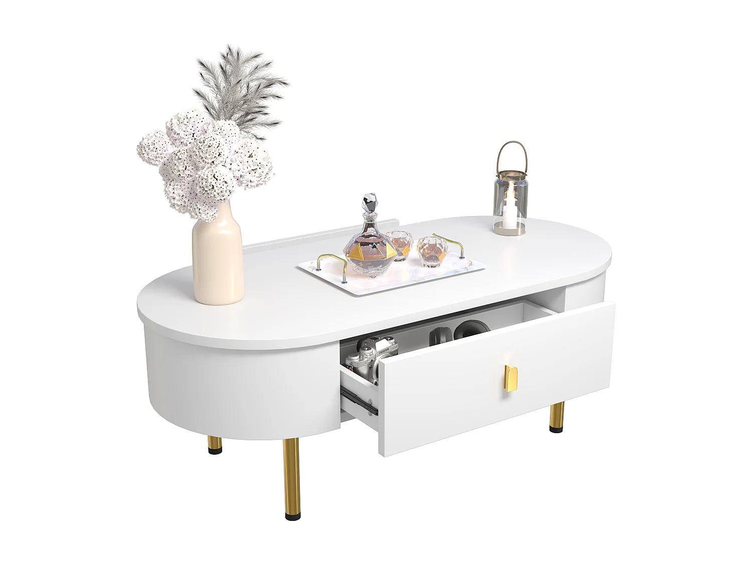 Table basse avec deux tiroirs poignées et pieds dorés coins incurvés Blanc