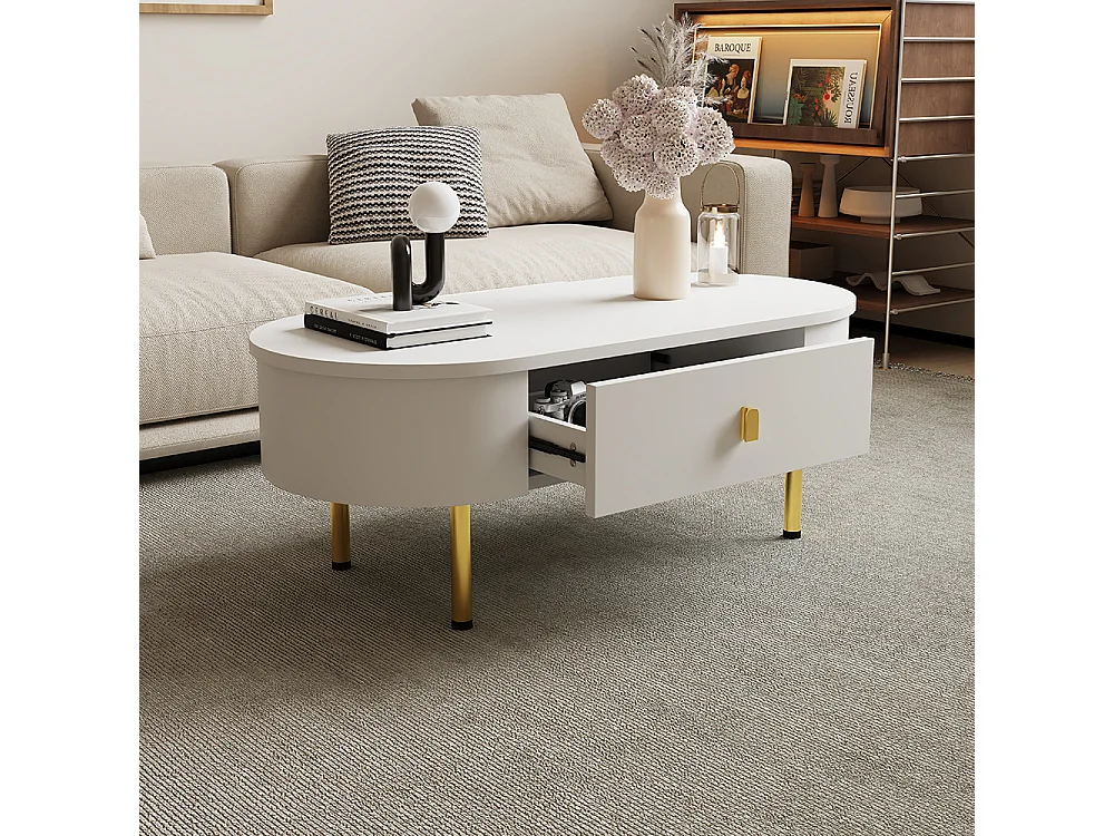 Table basse avec deux tiroirs poignées et pieds dorés coins incurvés Blanc