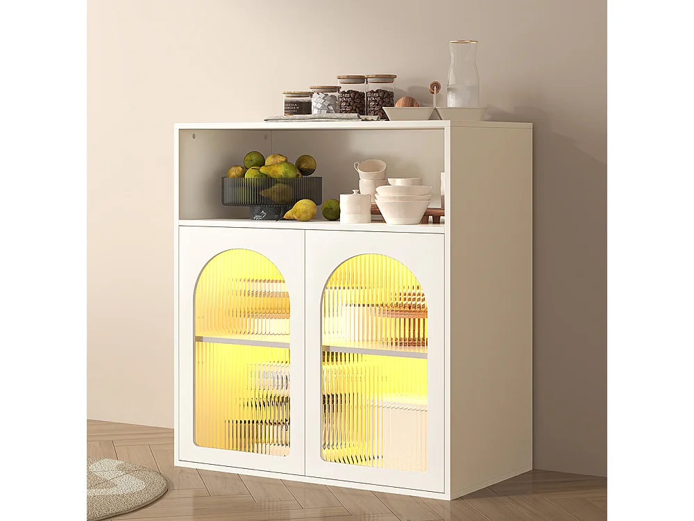 Buffet Meuble de rangement avec portes vitrées LED pour cuisine salon Blanc