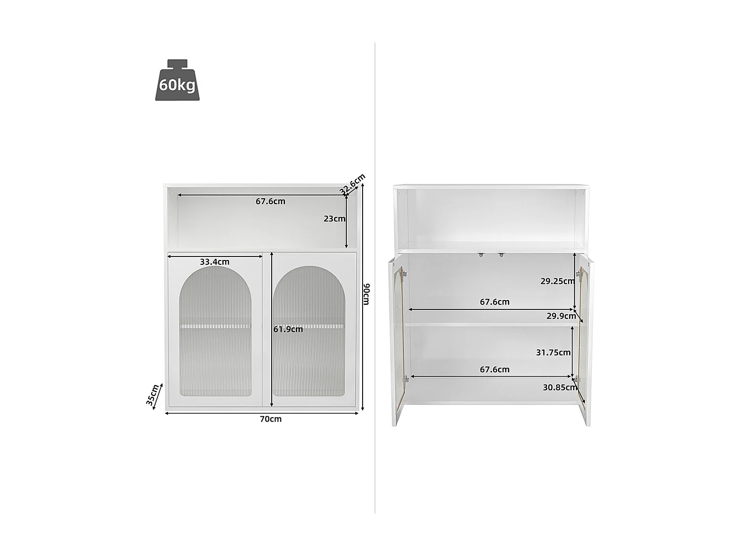 Buffet Meuble de rangement avec portes vitrées LED pour cuisine salon Blanc