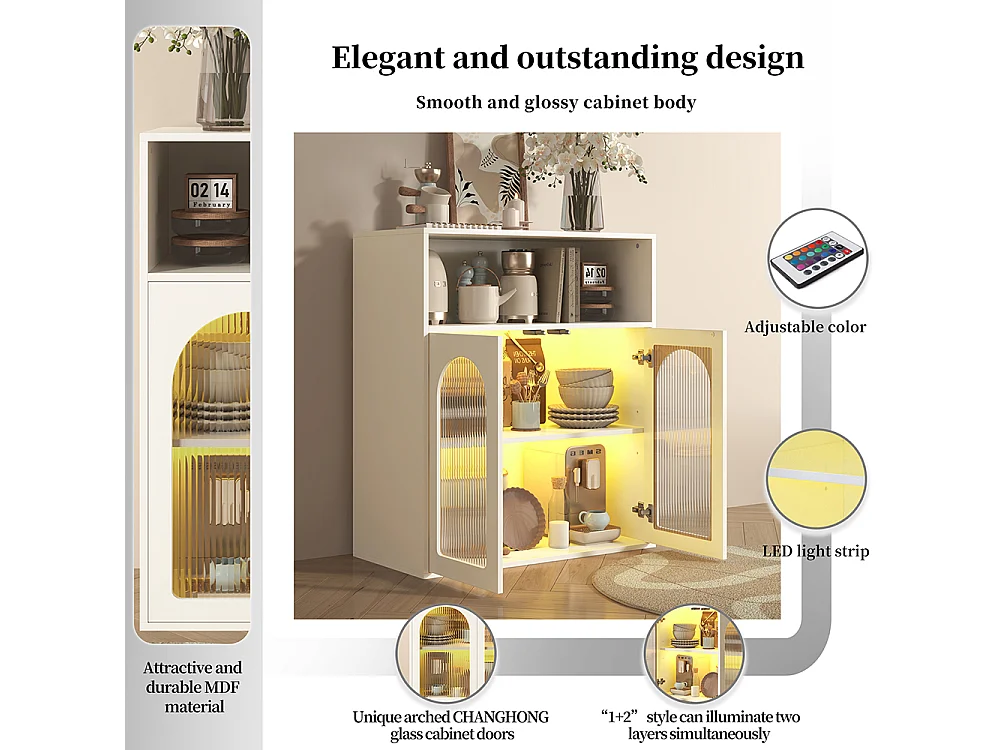 Buffet Meuble de rangement avec portes vitrées LED pour cuisine salon Blanc