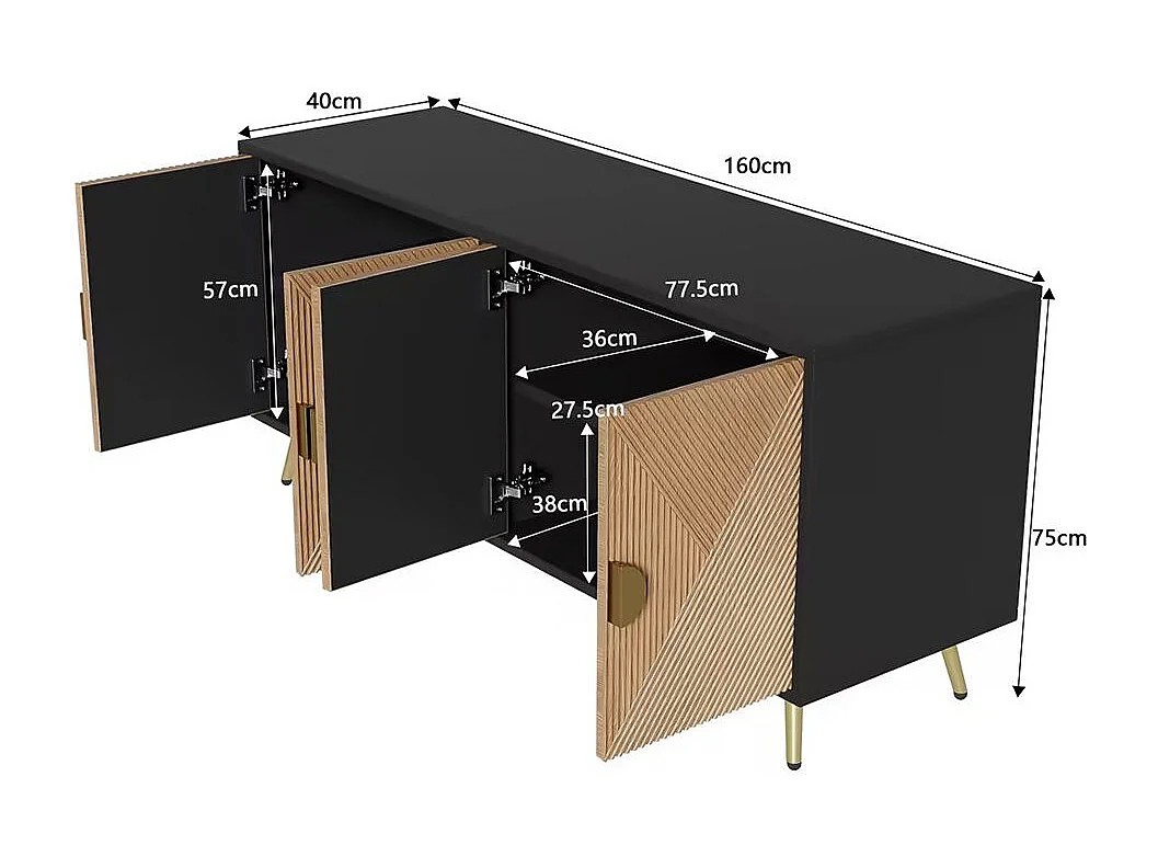 Buffet à quatre portes avec poignées en or brossé et pieds brillants Design symétrique Noir