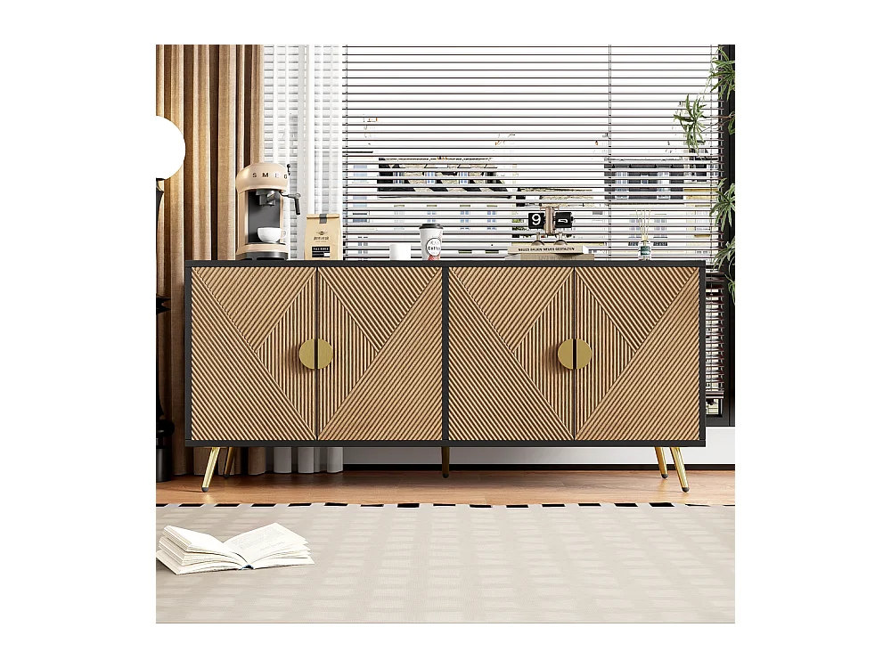 Buffet à quatre portes avec poignées en or brossé et pieds brillants Design symétrique Noir