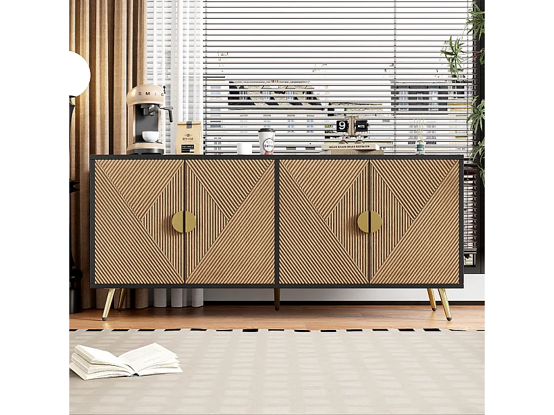 Buffet à quatre portes avec poignées en or brossé et pieds brillants Design symétrique Noir