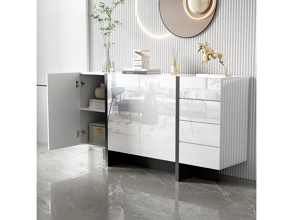 Buffet brillant moderne sobre 2 portes 4 tiroirs Blanc