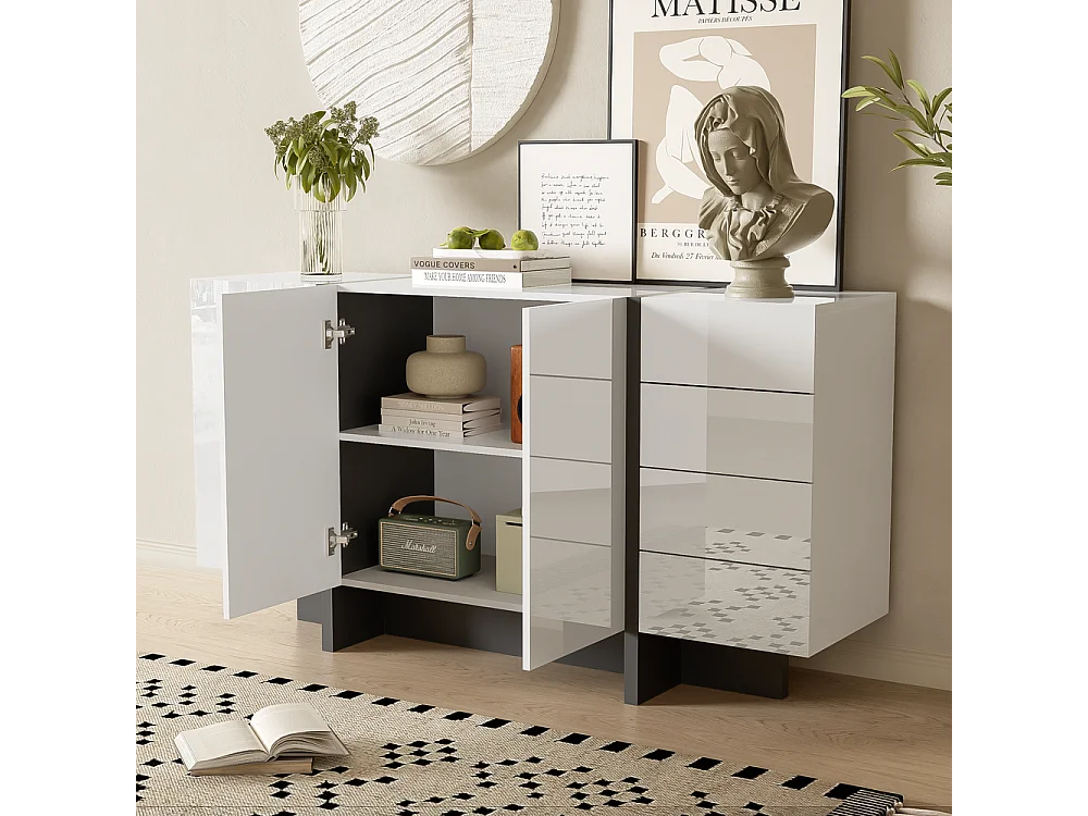 Buffet brillant moderne sobre 2 portes 4 tiroirs Blanc