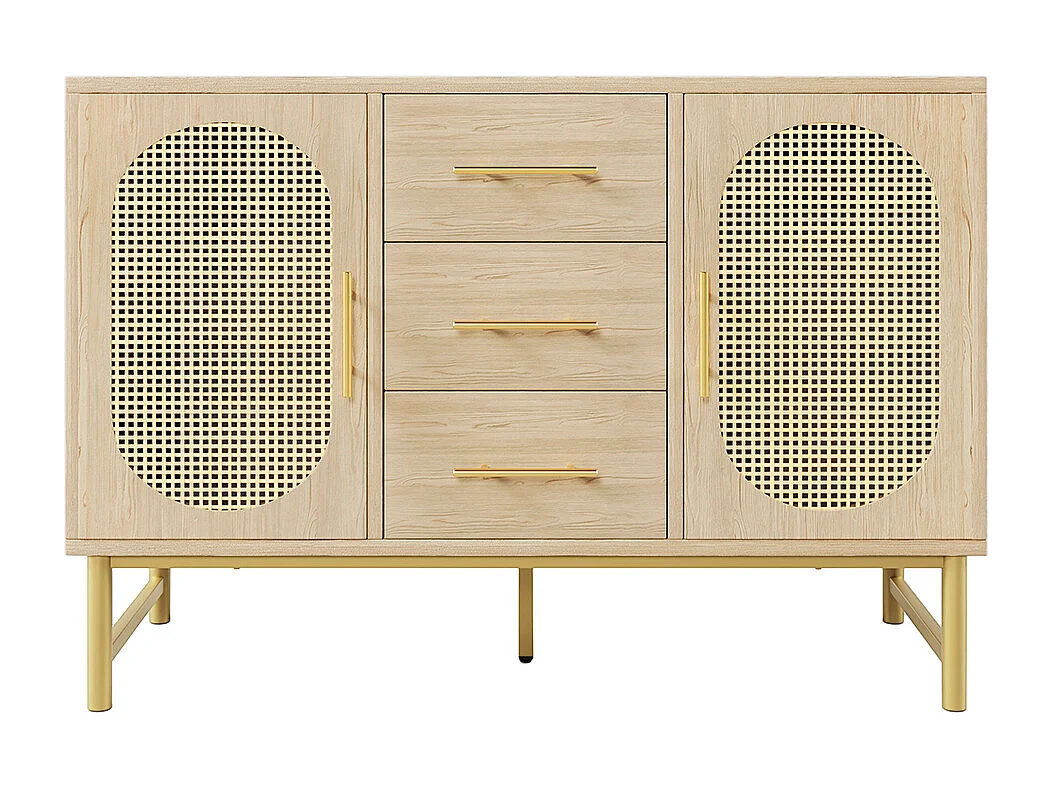 Buffet avec poignées dorées 3 tiroirs et 2 portes en rotin Etagères réglables Chêne