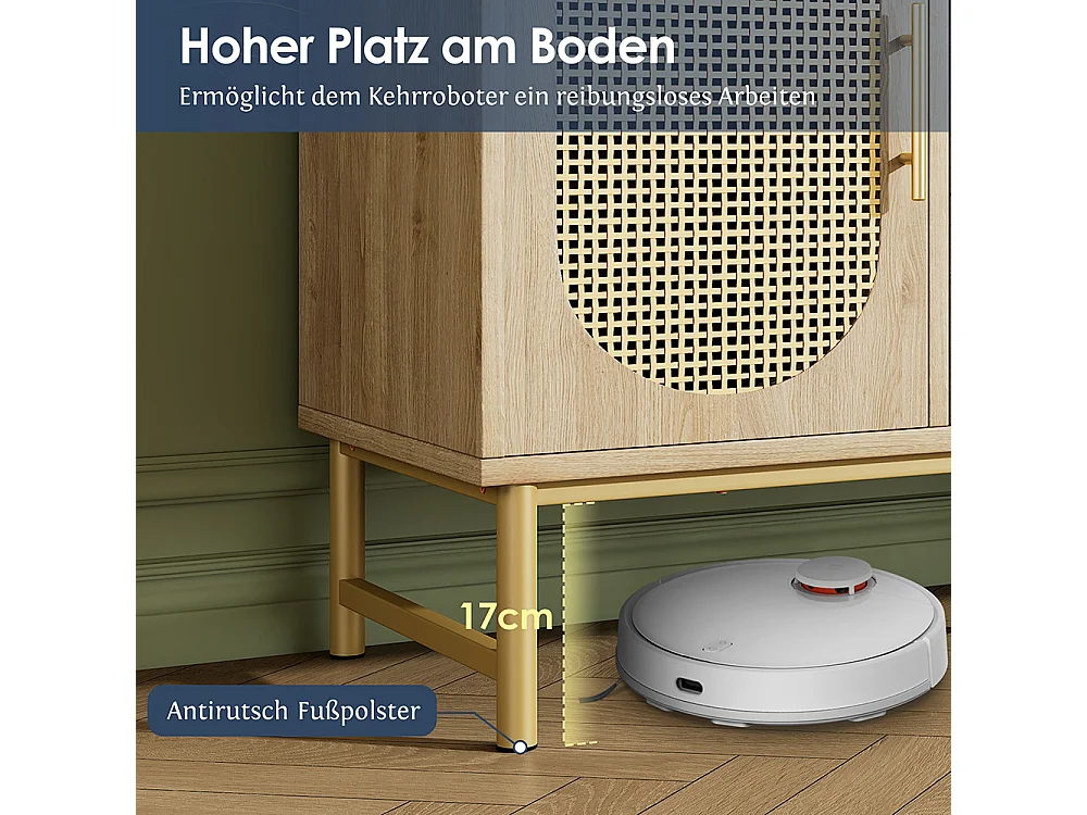 Buffet avec poignées dorées 3 tiroirs et 2 portes en rotin Etagères réglables Chêne