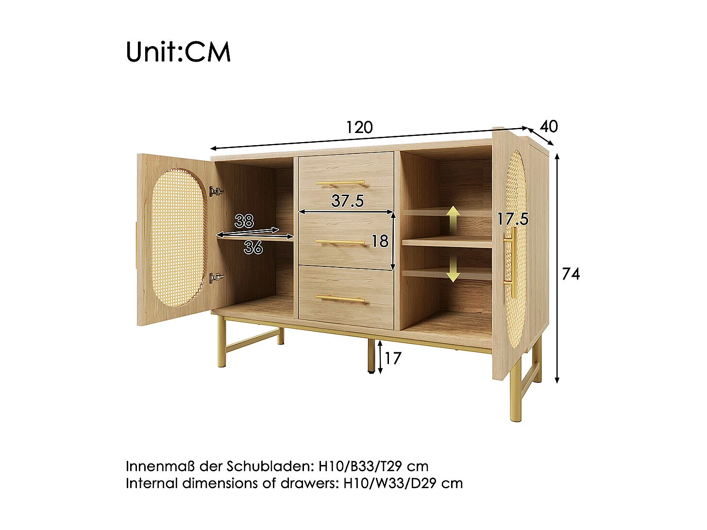 Buffet avec poignées dorées 3 tiroirs et 2 portes en rotin Etagères réglables Chêne