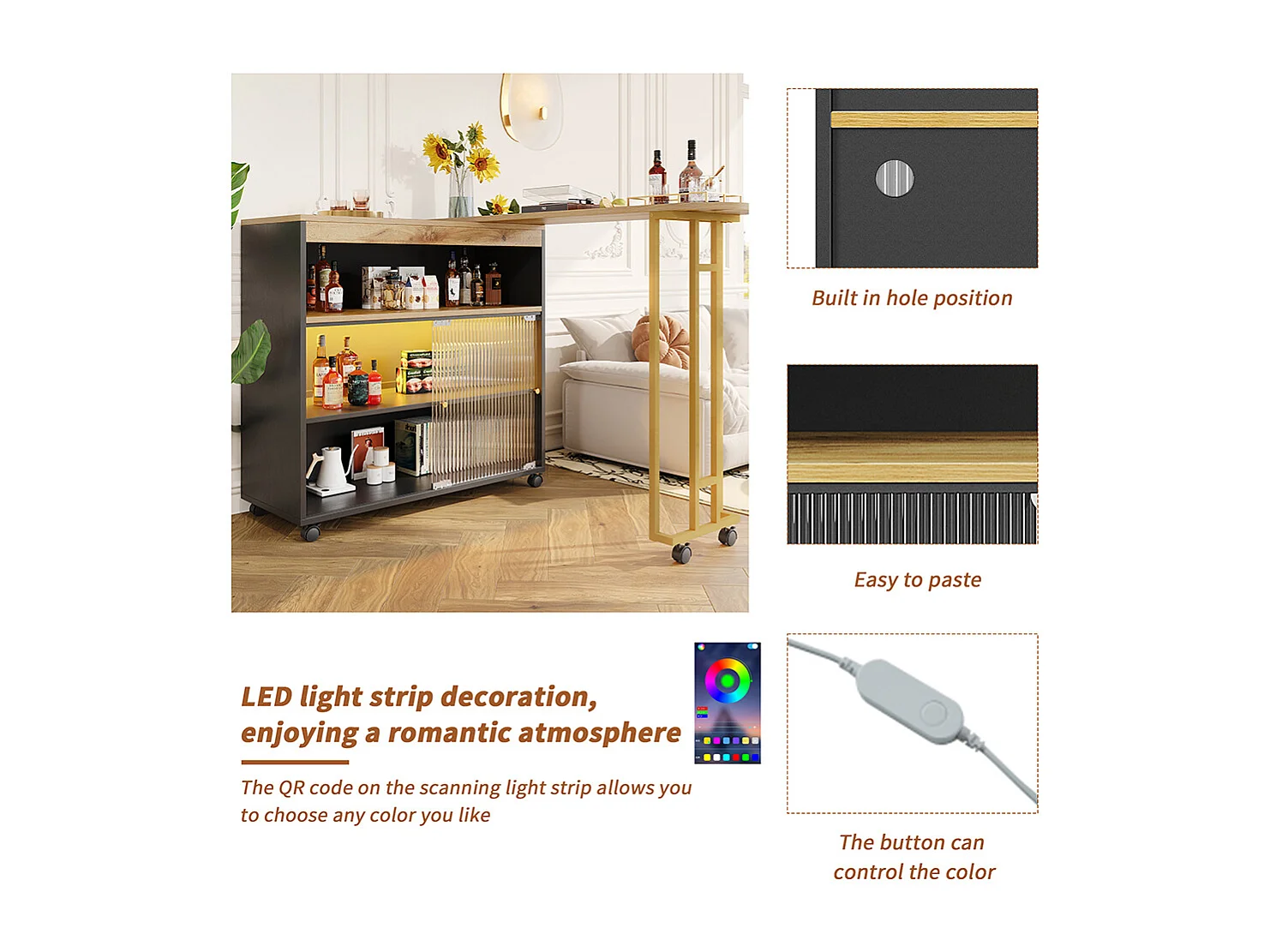 Buffet table de bar mobile moderne avec LED Noir