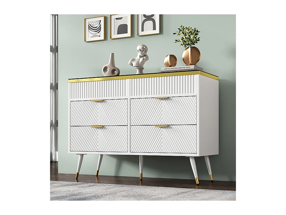 Buffet avec poignées dorées 6 tiroirs et compartiments Plateau en verre ambré Design à rayures irrégulières Blanc