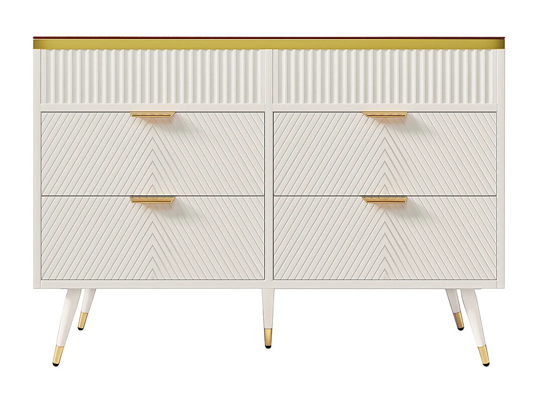 Buffet avec poignées dorées 6 tiroirs et compartiments Plateau en verre ambré Design à rayures irrégulières Blanc