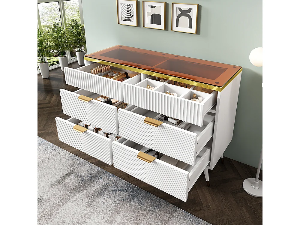 Buffet avec poignées dorées 6 tiroirs et compartiments Plateau en verre ambré Design à rayures irrégulières Blanc