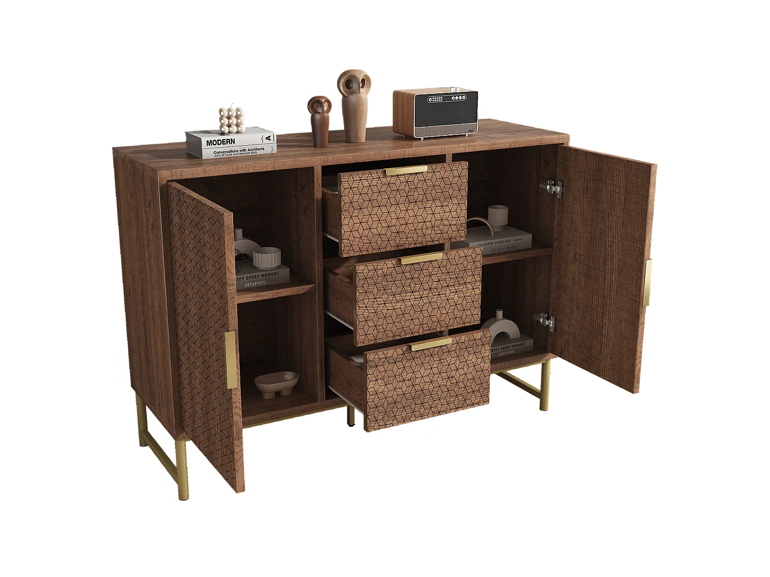 Buffet avec poignées dorées et 3 tiroirs et 2 portes Structure en relief Etagères réglables Noyer