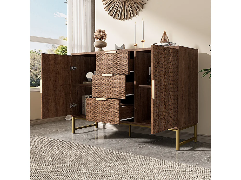 Buffet avec poignées dorées et 3 tiroirs et 2 portes Structure en relief Etagères réglables Noyer