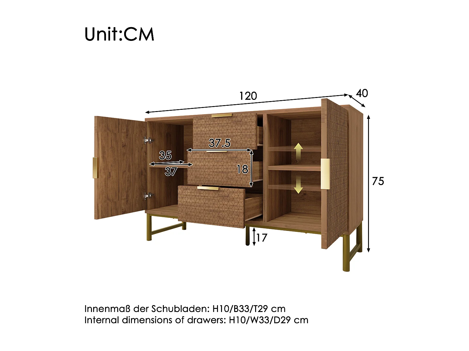 Buffet avec poignées dorées et 3 tiroirs et 2 portes Structure en relief Etagères réglables Noyer