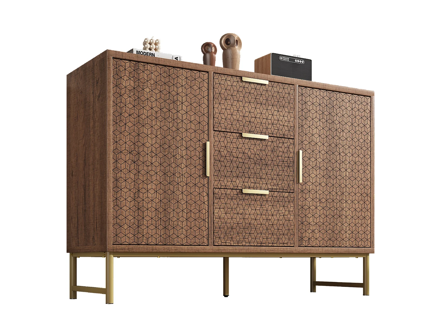 Buffet avec poignées dorées et 3 tiroirs et 2 portes Structure en relief Etagères réglables Noyer