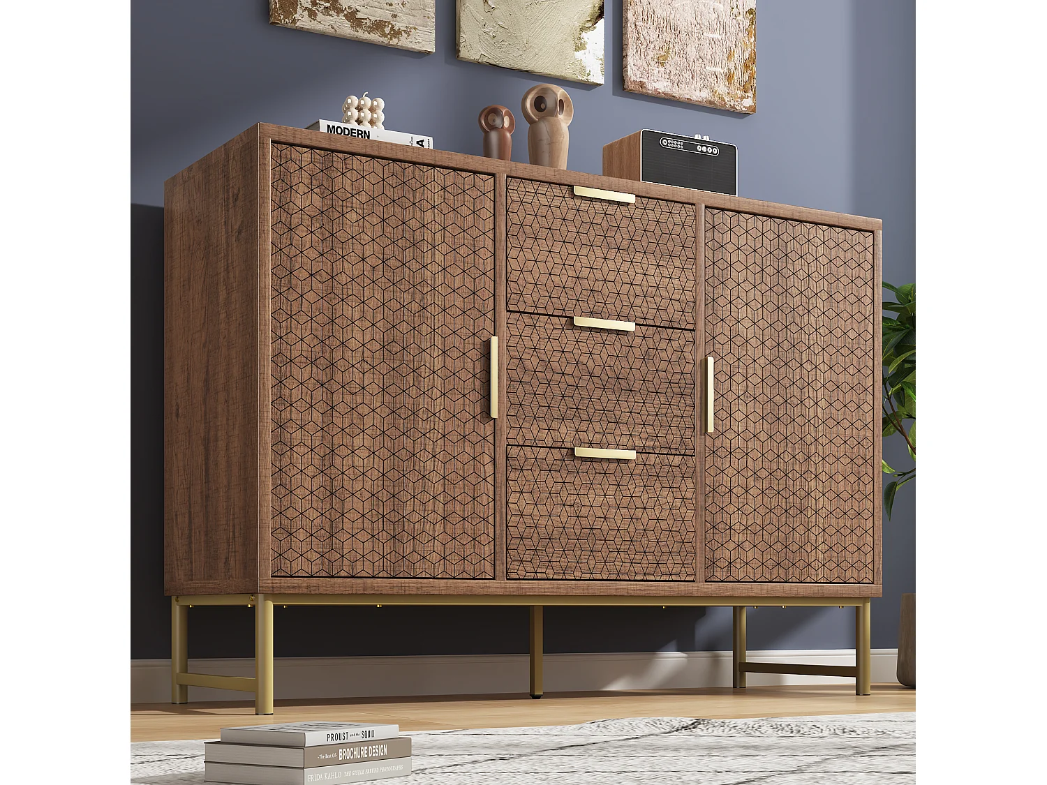 Buffet avec poignées dorées et 3 tiroirs et 2 portes Structure en relief Etagères réglables Noyer