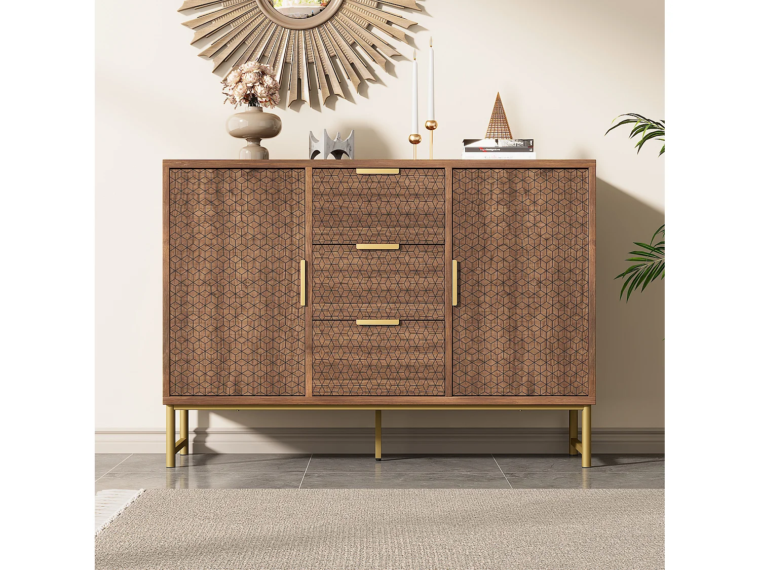 Buffet avec poignées dorées et 3 tiroirs et 2 portes Structure en relief Etagères réglables Noyer