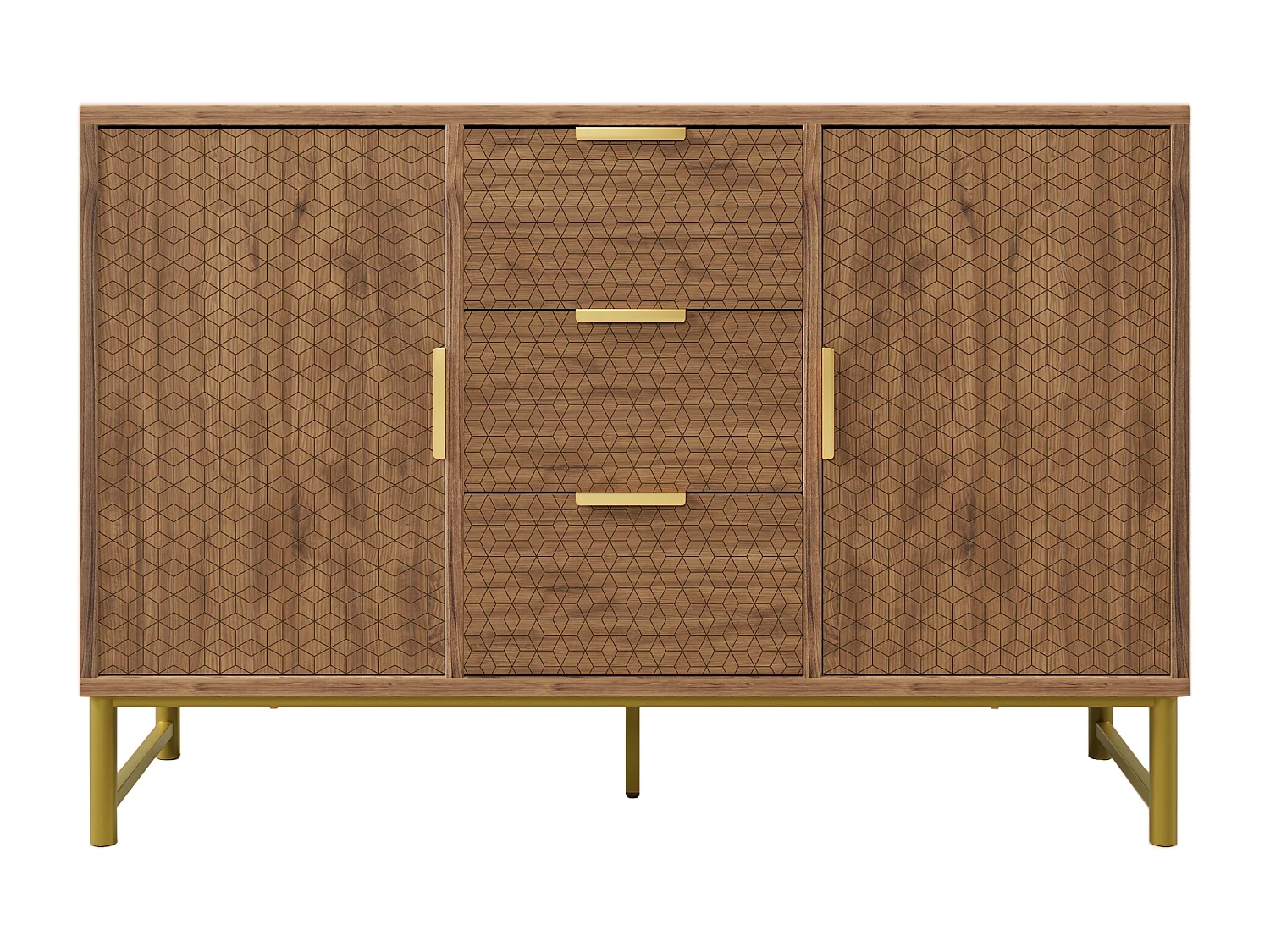 Buffet avec poignées dorées et 3 tiroirs et 2 portes Structure en relief Etagères réglables Noyer